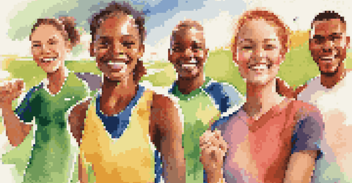 A group of diverse athletes smiling with healthy teeth, standing on a sunny sports field, showcasing their sports uniforms.