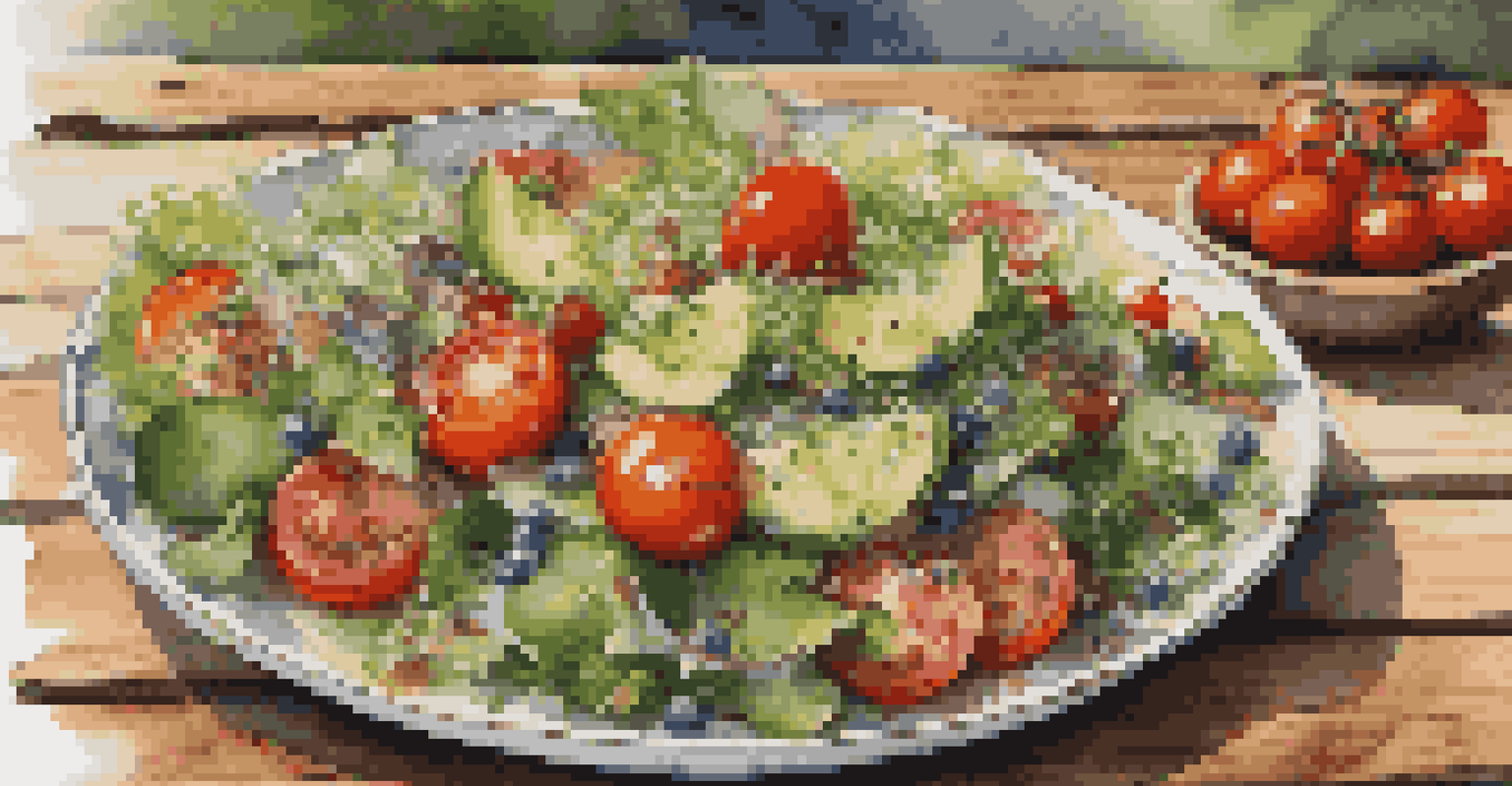 A vibrant plate of salad with mixed greens, tomatoes, and cucumbers, beautifully presented on a wooden table.
