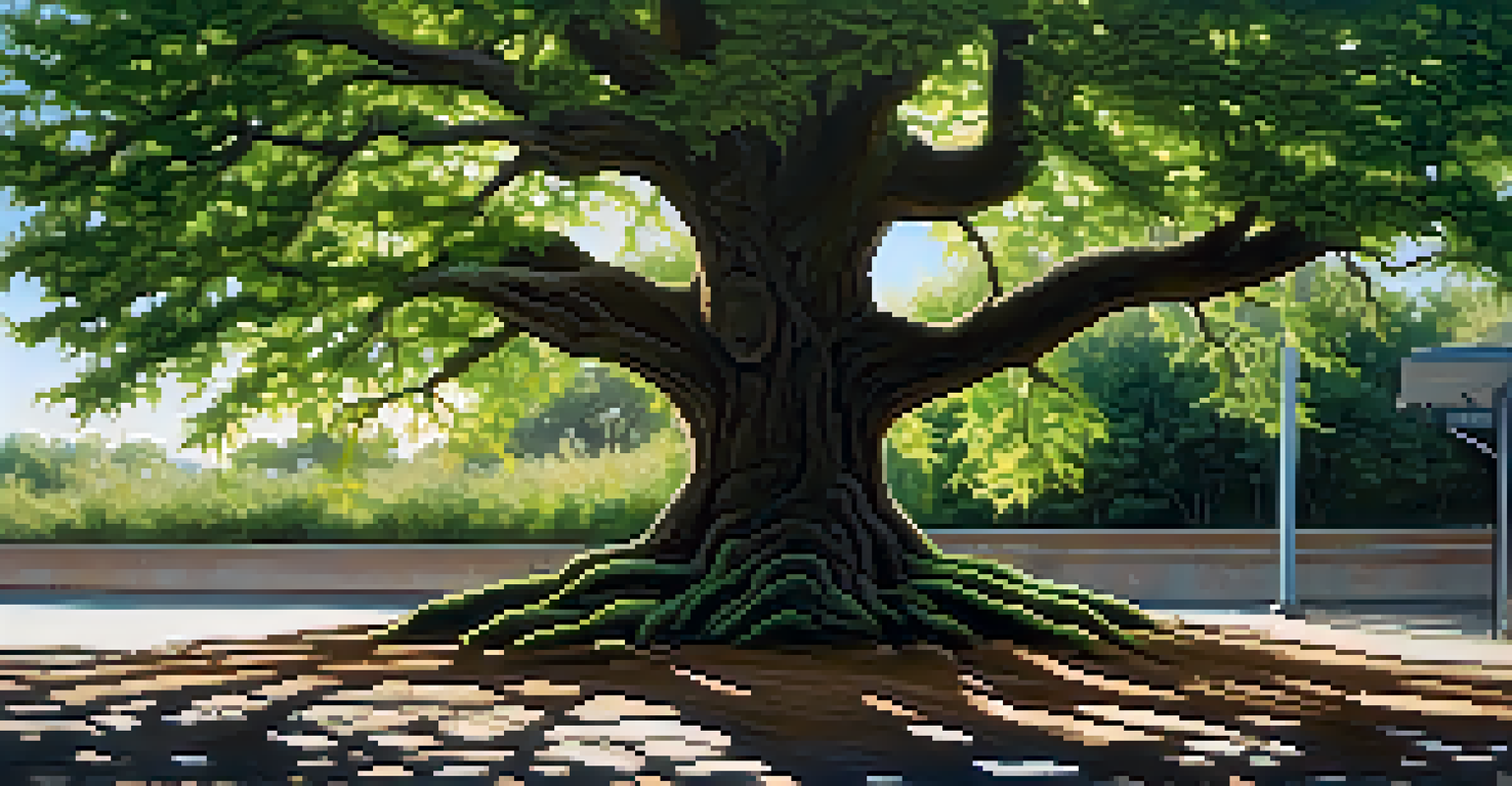 A strong tree with deep roots in a park, symbolizing resilience and support in relationships.