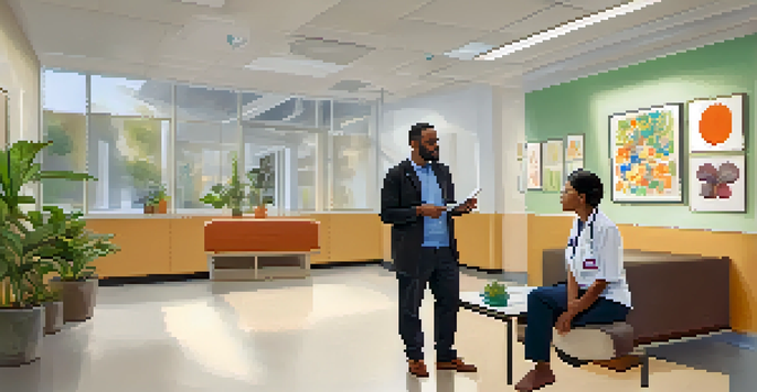 A healthcare provider and a diverse patient engaged in a caring conversation in a modern clinic, showcasing a warm and inclusive atmosphere.