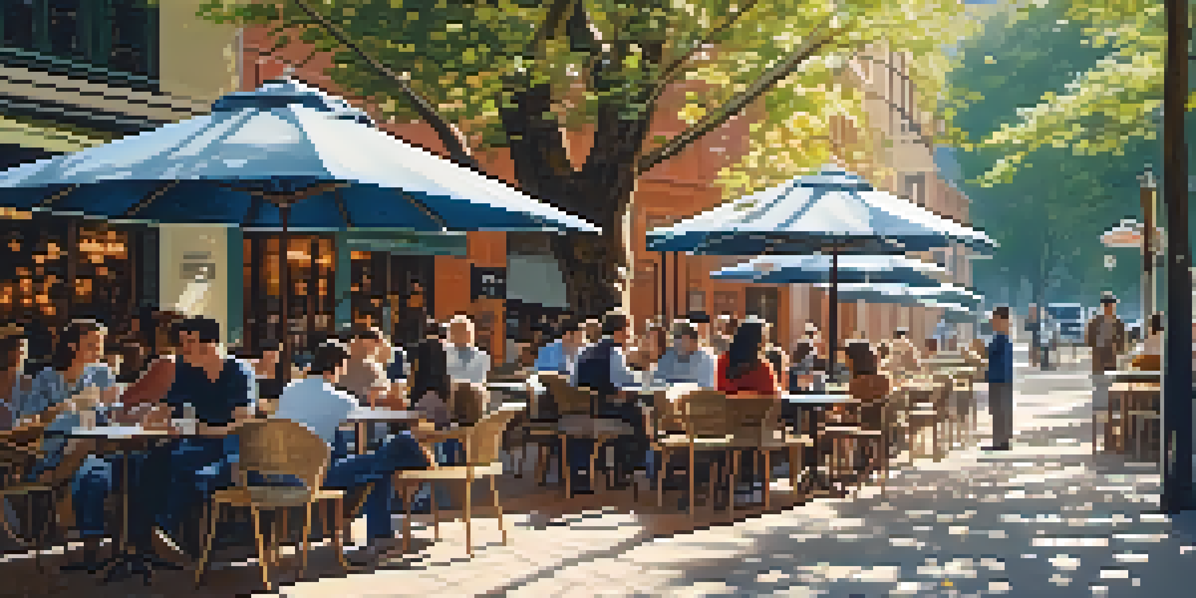 An inviting outdoor café with patrons enjoying coffee under sunlight filtering through tree leaves.
