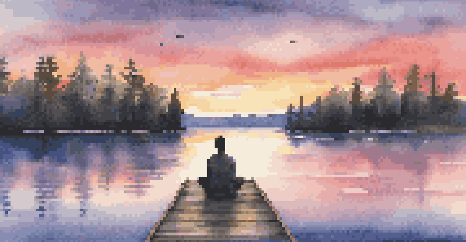 A person meditating on a wooden dock by a lake at sunset, surrounded by nature and reflecting in tranquility.