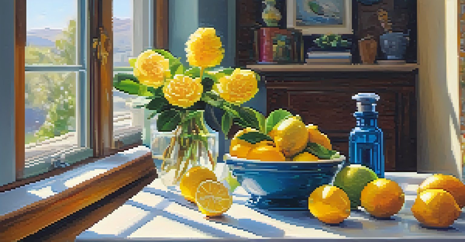 A bright room featuring lemon essential oil and citrus fruits on a desk, creating an uplifting and vibrant atmosphere.
