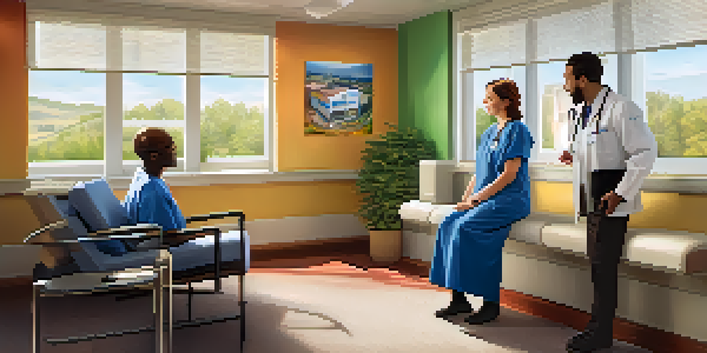 A friendly healthcare provider talks to a patient in a bright and welcoming medical clinic, surrounded by colorful health posters and natural light.