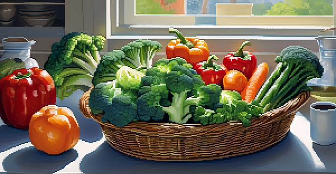 A bright kitchen with colorful steamed vegetables in a steaming basket and a bowl of quinoa on the counter.