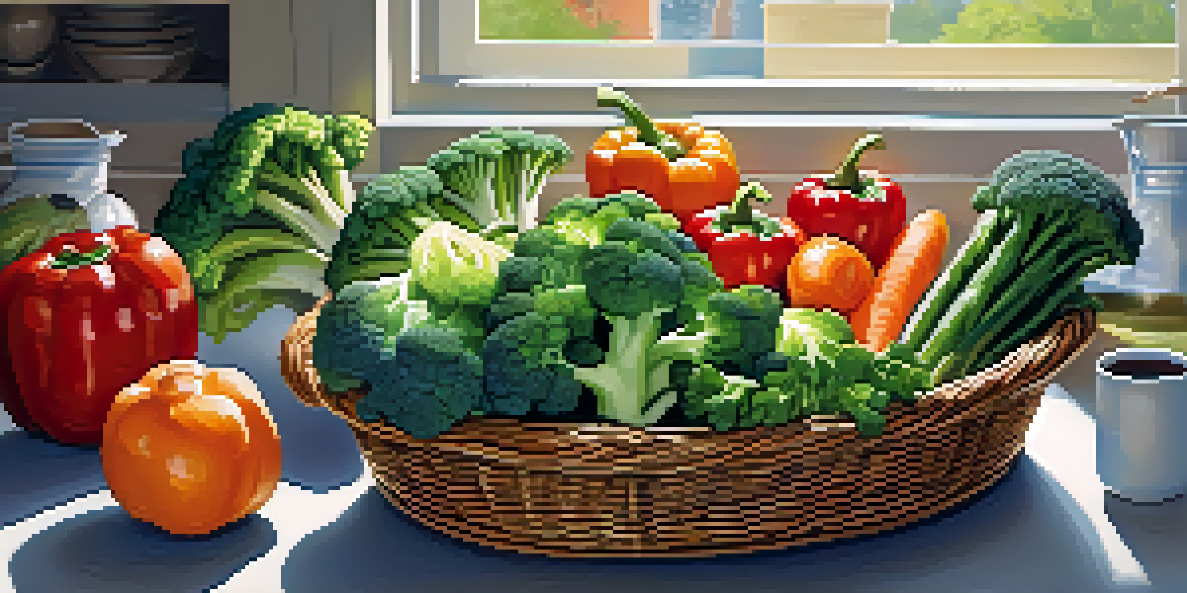 A bright kitchen with colorful steamed vegetables in a steaming basket and a bowl of quinoa on the counter.