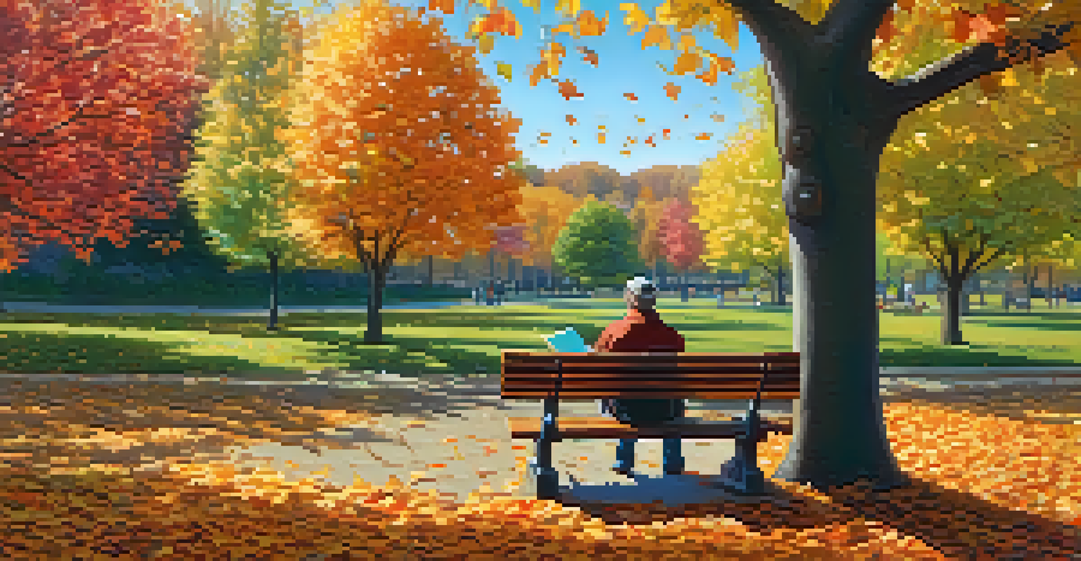 A person writing in a gratitude notebook on a park bench surrounded by autumn leaves.