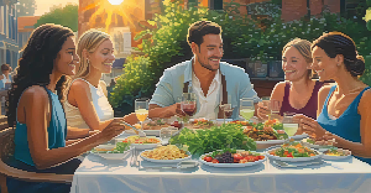 A group of friends dining at an outdoor restaurant, enjoying colorful dishes on a sunny patio.
