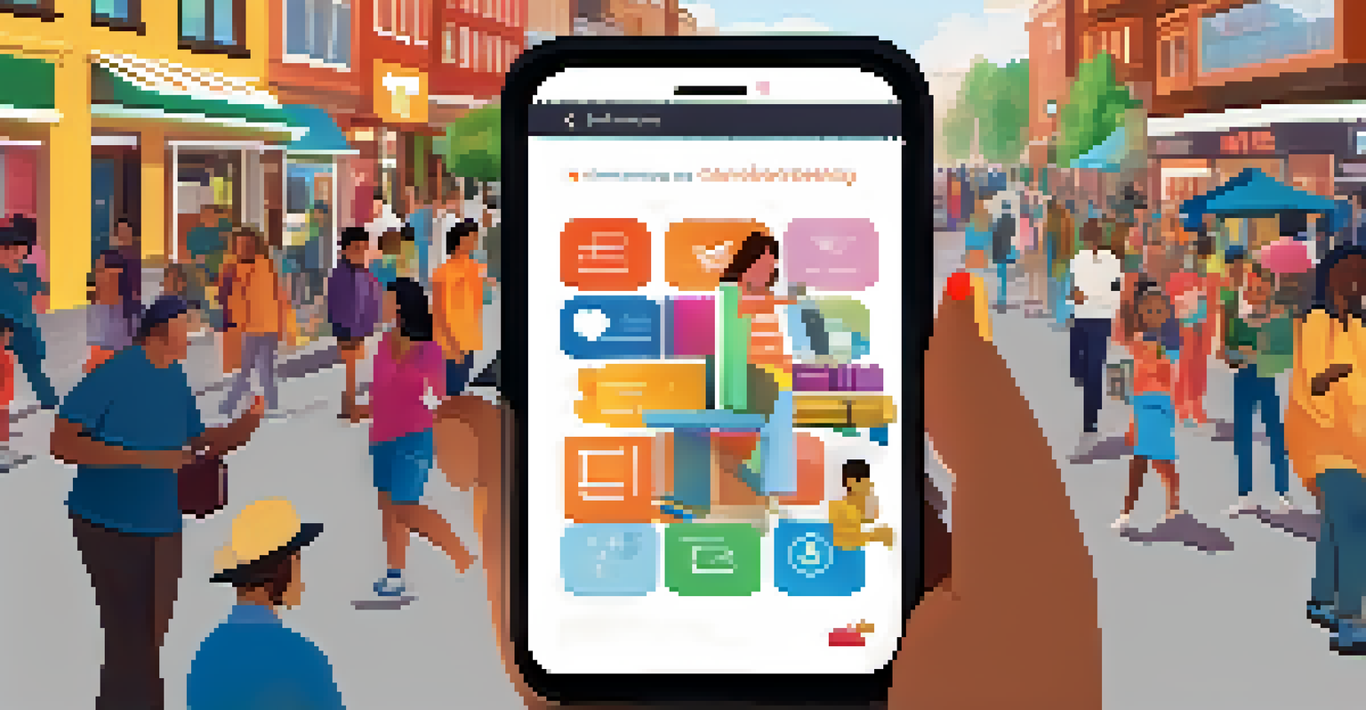 A smartphone displaying a health app interface surrounded by community members, set in a lively street scene, showcasing digital engagement.