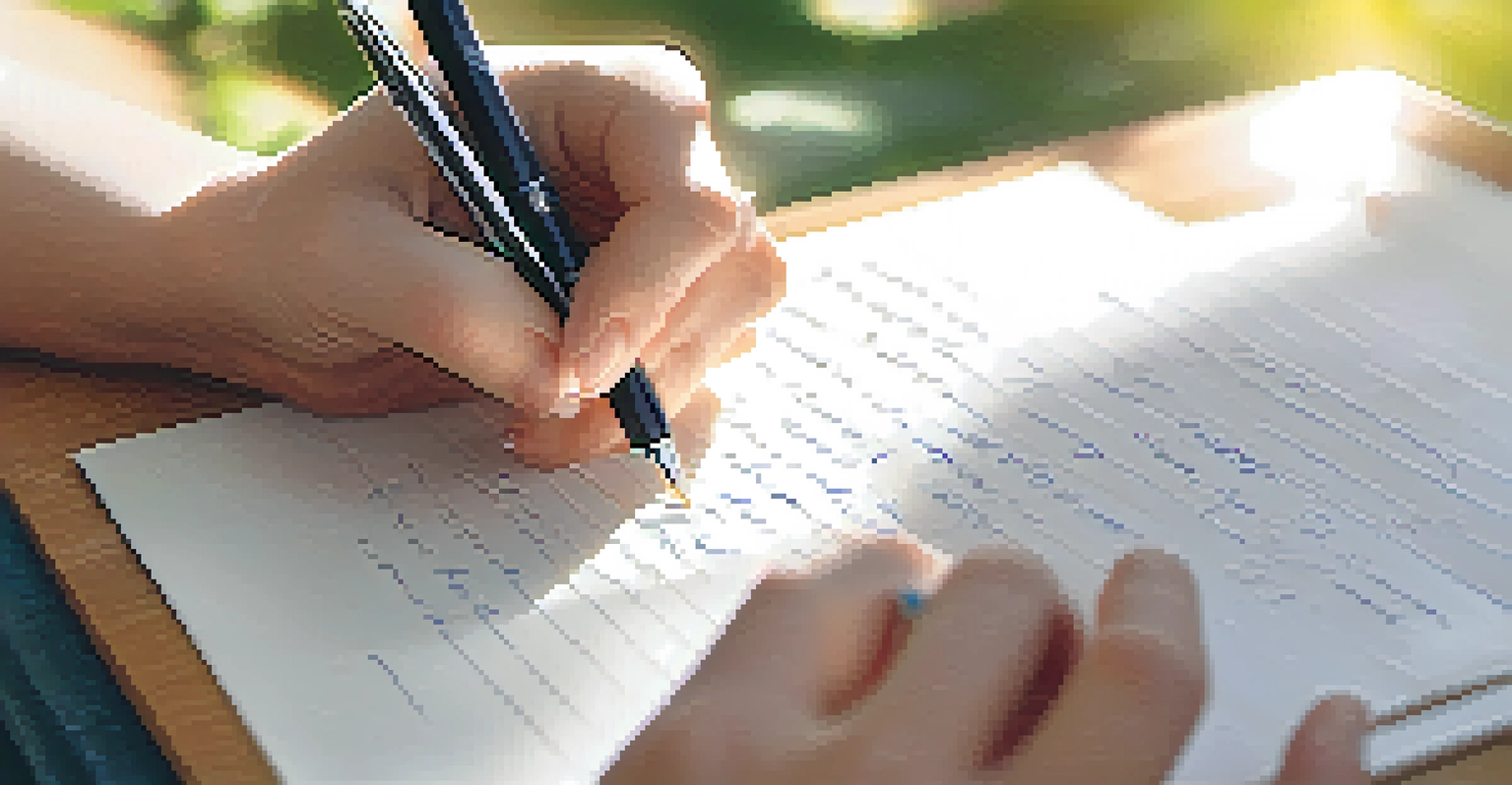 A hand writing on an advanced directive form in a peaceful garden setting.