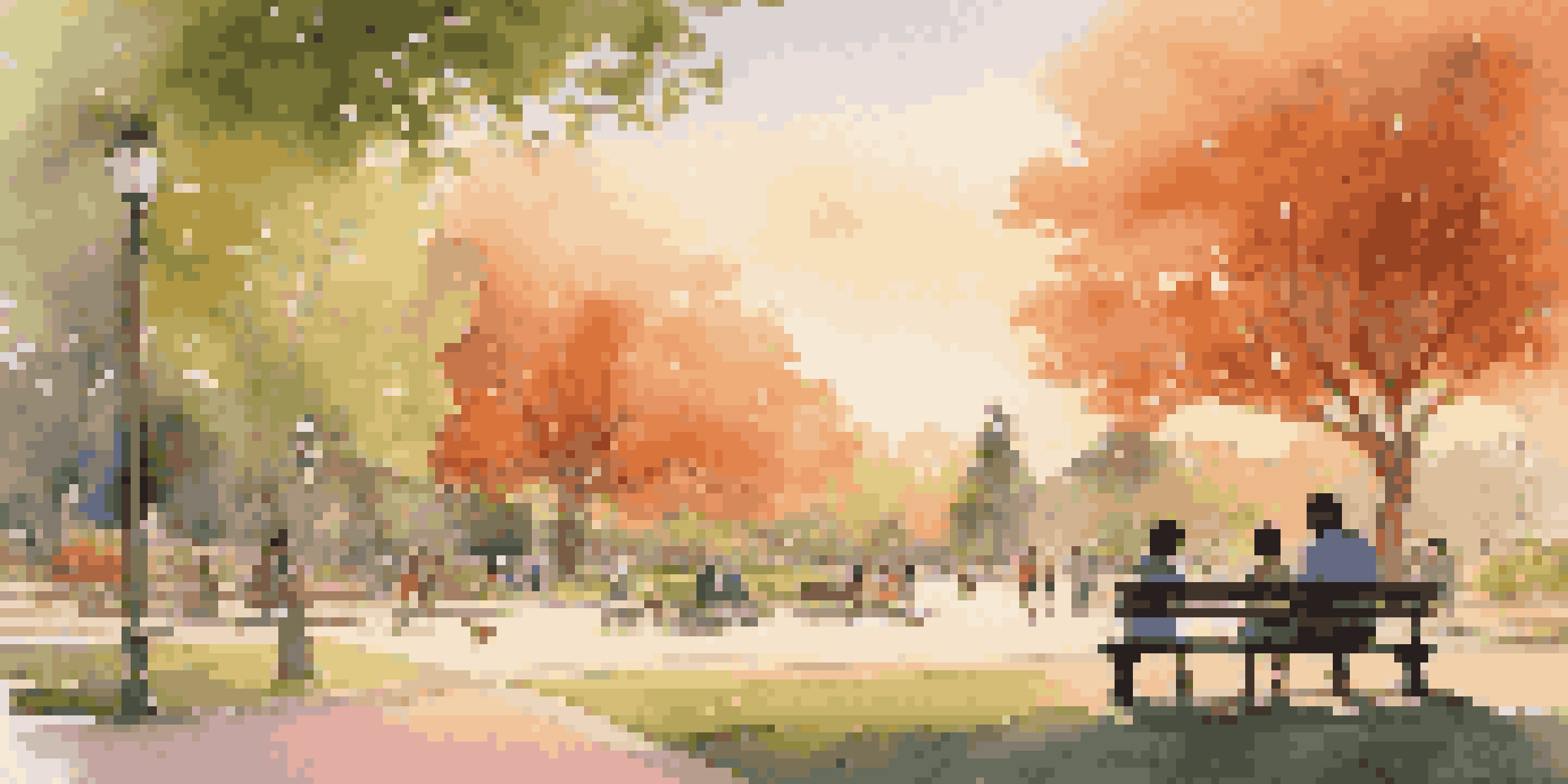 A peaceful park with people chatting on benches during sunset, surrounded by trees and a child playing with a dog.