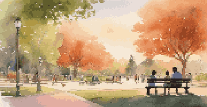 A peaceful park with people chatting on benches during sunset, surrounded by trees and a child playing with a dog.