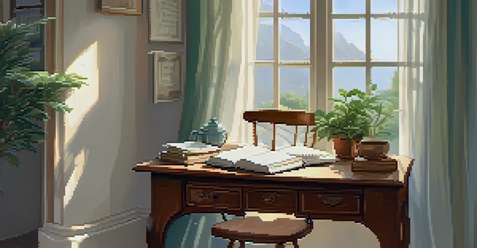 A peaceful writing space with a wooden desk, an open journal, a fountain pen, and a cup of tea by a window with soft sunlight.