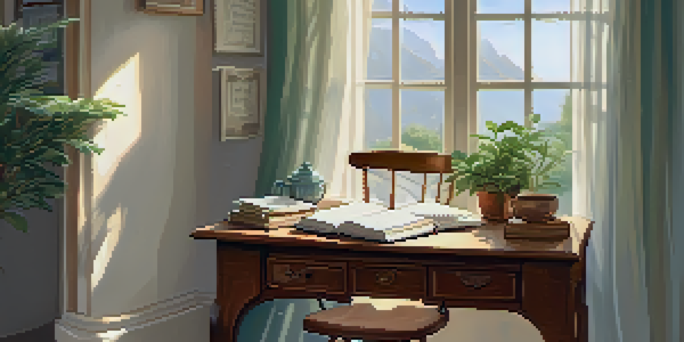 A peaceful writing space with a wooden desk, an open journal, a fountain pen, and a cup of tea by a window with soft sunlight.