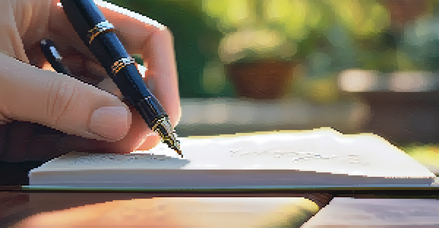 A close-up of a hand writing in a journal with a fountain pen, set against a blurred garden background.