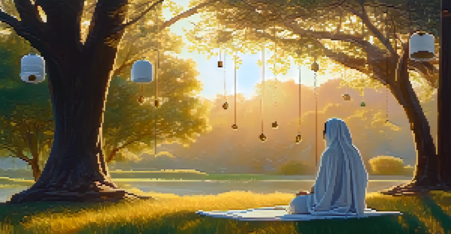 An outdoor sound meditation setup with a blanket, wind chimes, and a soft sunset glow.