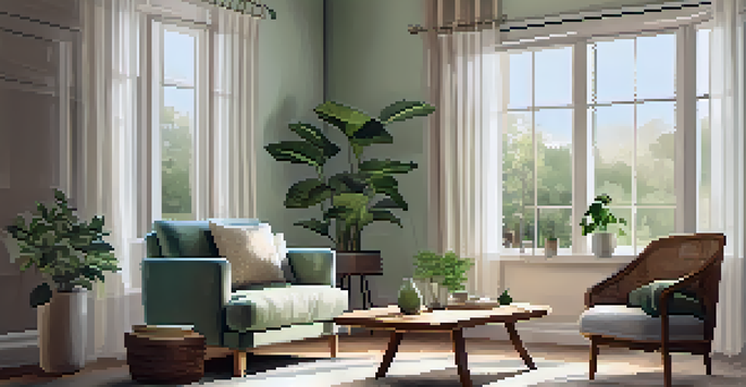 A cozy living room with natural light, an armchair, a cup of tea on a table, calming nature artwork on the walls, and a potted plant.