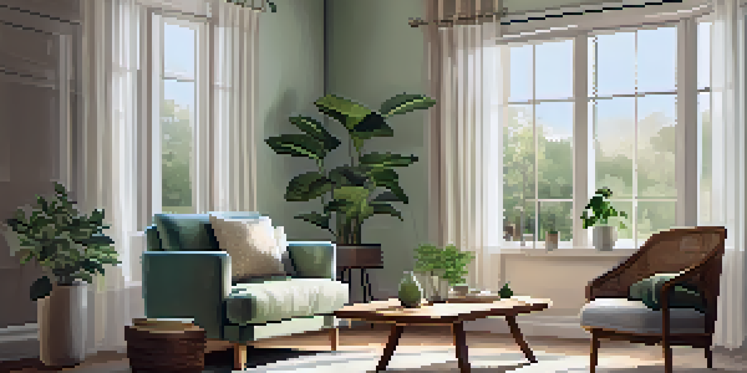 A cozy living room with natural light, an armchair, a cup of tea on a table, calming nature artwork on the walls, and a potted plant.