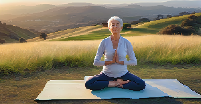 An elderly woman practicing yoga outdoors at sunrise in a grassy field with gentle hills in the background.