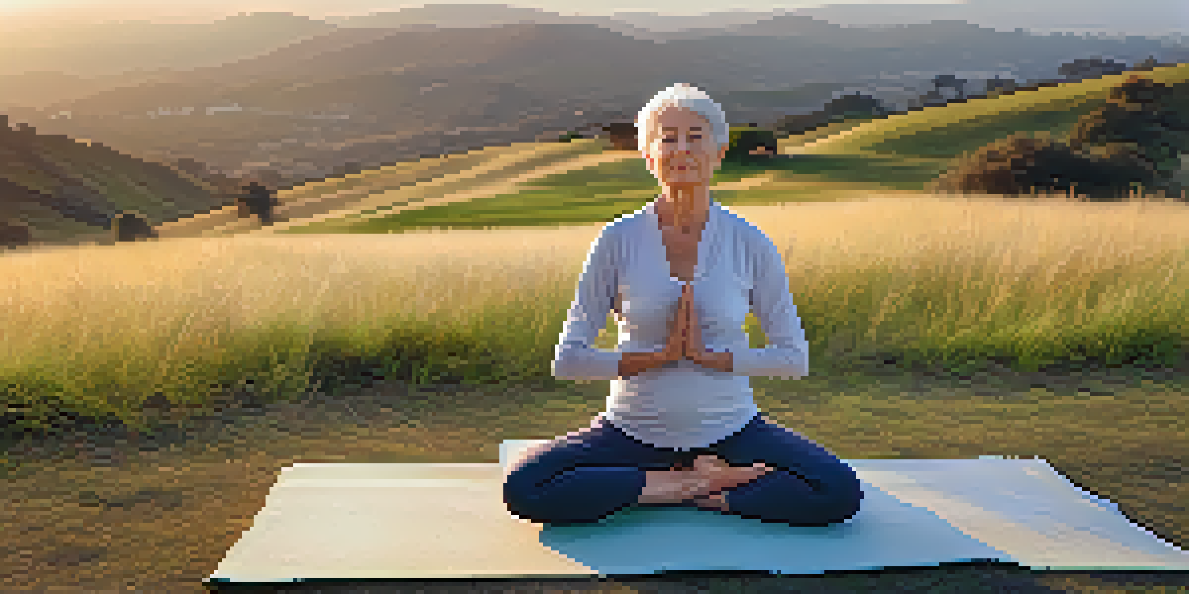 An elderly woman practicing yoga outdoors at sunrise in a grassy field with gentle hills in the background.