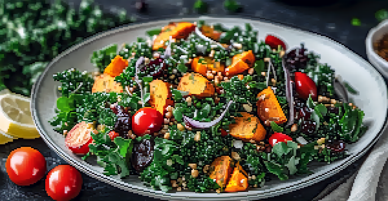 An overhead view of a colorful superfood salad with kale, quinoa, and roasted sweet potatoes in a white bowl on a dark slate background.