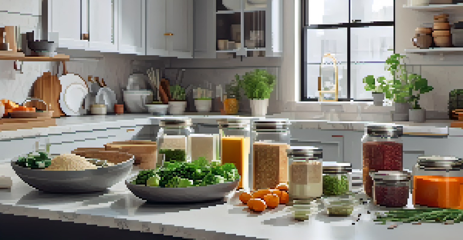 A kitchen scene with colorful meal prep containers filled with grains, vegetables, and proteins, surrounded by fresh herbs and fruits.