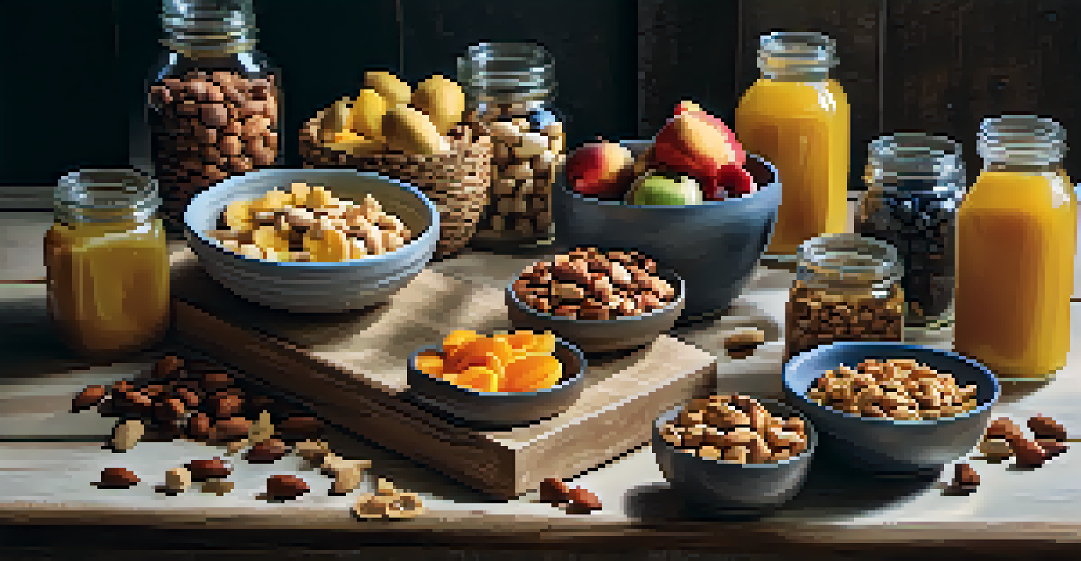 A cozy table displaying healthy snacks like nuts, fruits, and energy bites in natural light.