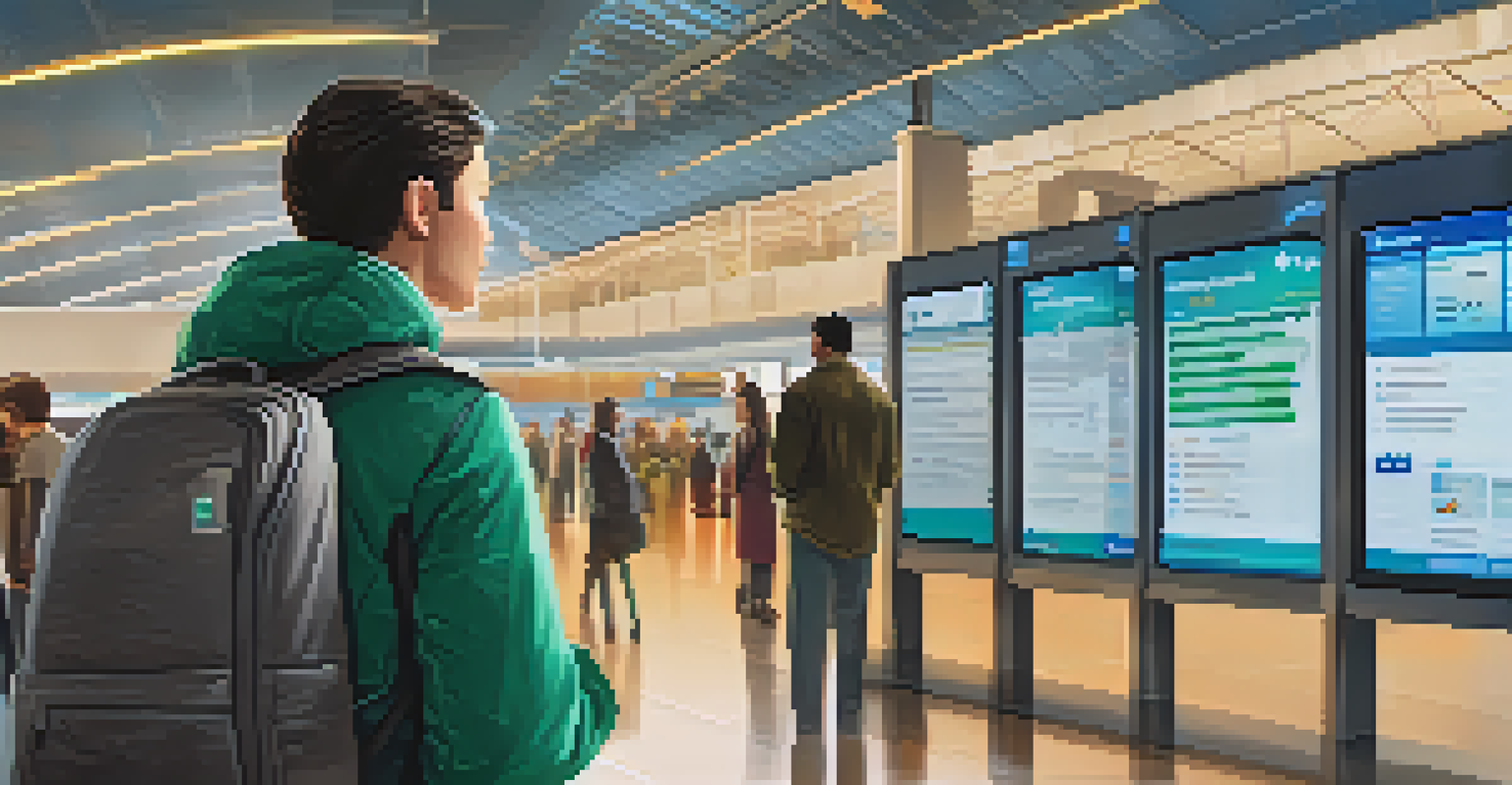 A traveler at an airport checking health information on a digital board, looking concerned.