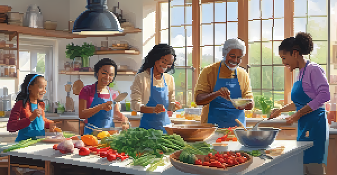 A diverse group of people engaged in a community cooking class, surrounded by fresh ingredients and cooking tools, with sunlight streaming through the windows.