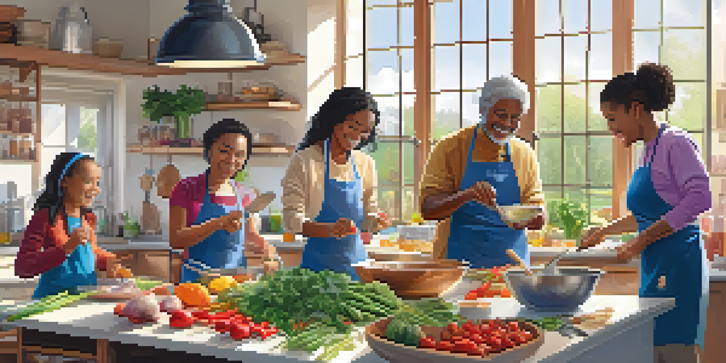 A diverse group of people engaged in a community cooking class, surrounded by fresh ingredients and cooking tools, with sunlight streaming through the windows.