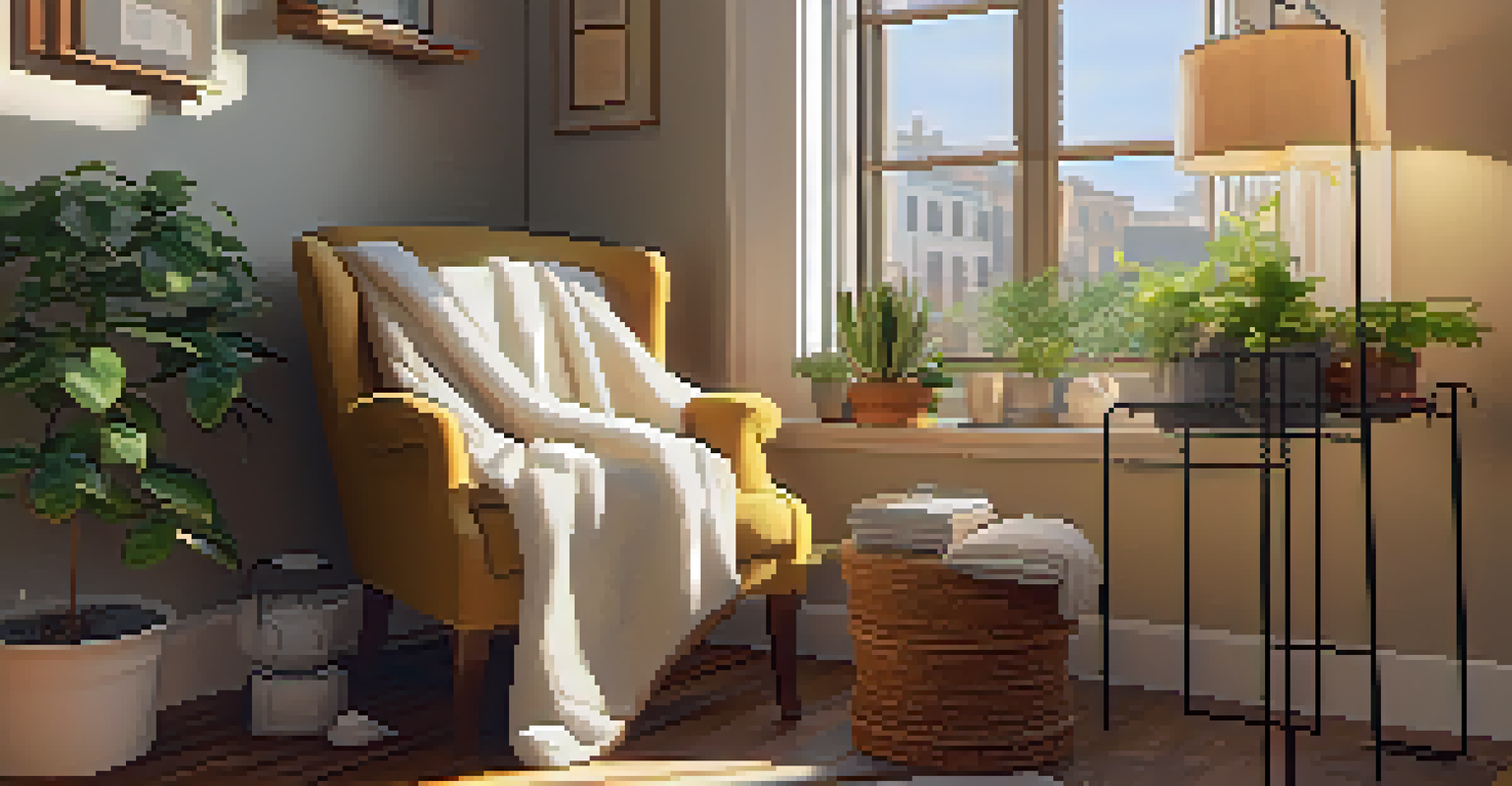 A cozy reading nook with a warm light, a comfy chair, a cup of tea, and an open book on a small table.