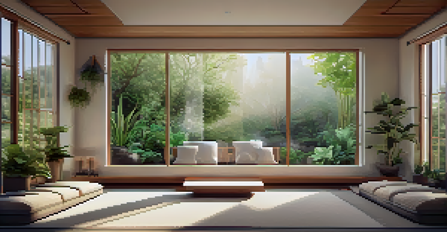 An indoor meditation room with soft lighting, comfortable cushions, and potted plants, designed for a calming and nurturing atmosphere.