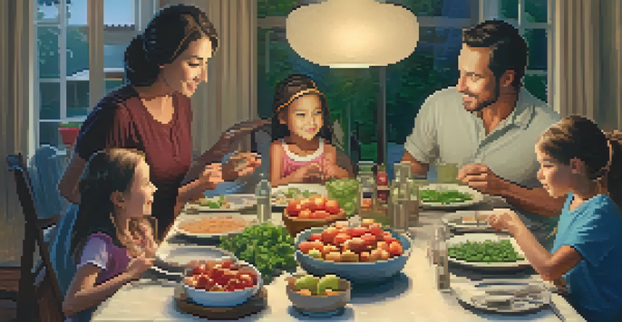 A family sitting together at a dinner table, engaging in a heartfelt conversation about their feelings, surrounded by a warm and inviting environment.