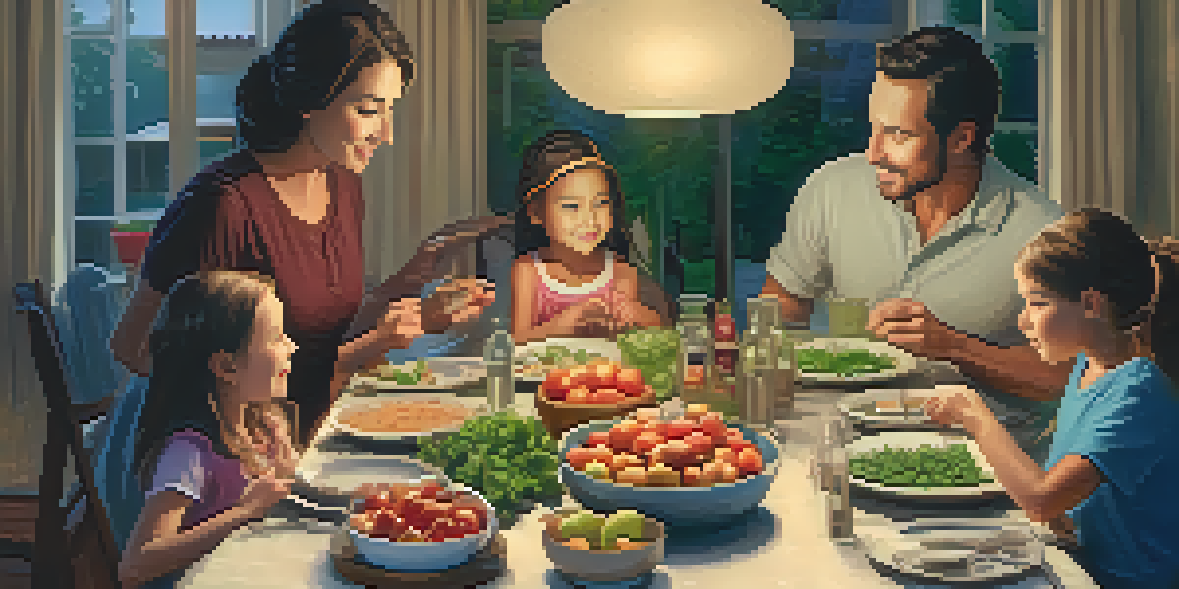 A family sitting together at a dinner table, engaging in a heartfelt conversation about their feelings, surrounded by a warm and inviting environment.