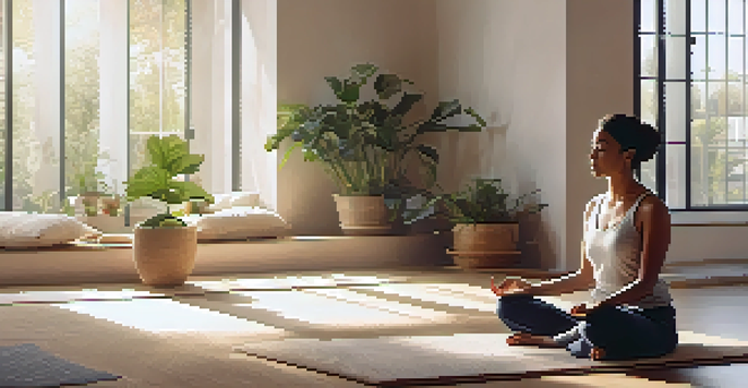 A person meditating in a bright room filled with plants and soft furnishings, emphasizing tranquility and mindfulness.
