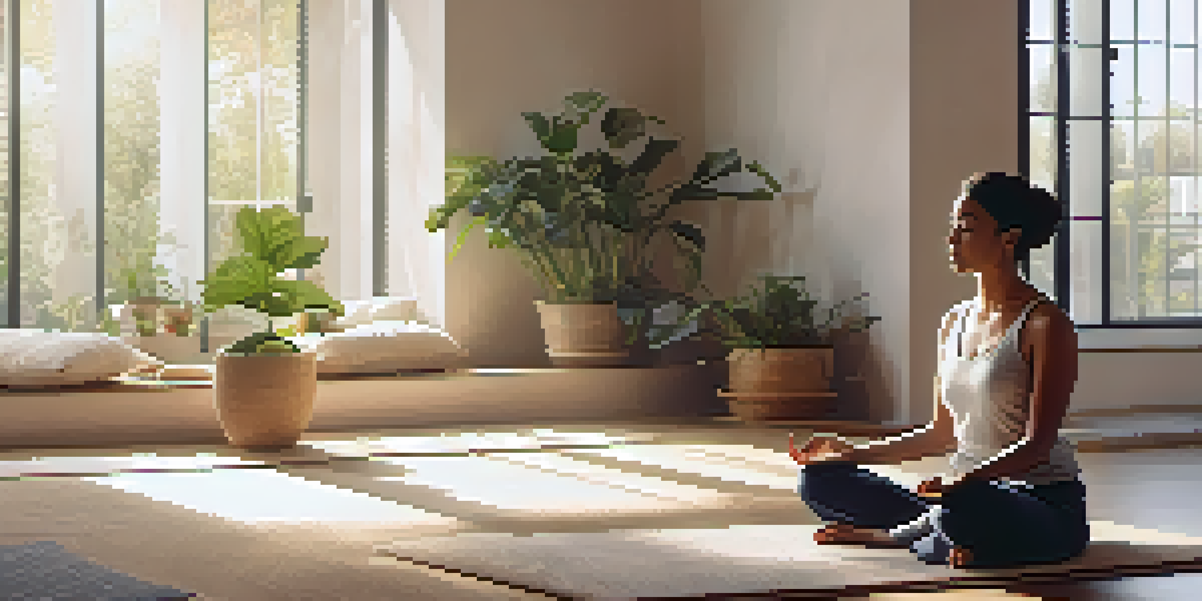 A person meditating in a bright room filled with plants and soft furnishings, emphasizing tranquility and mindfulness.