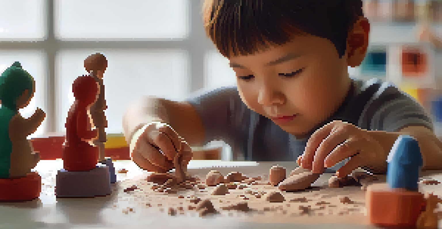Close-up of a child's hands molding clay figures representing emotions in a play therapy setting.
