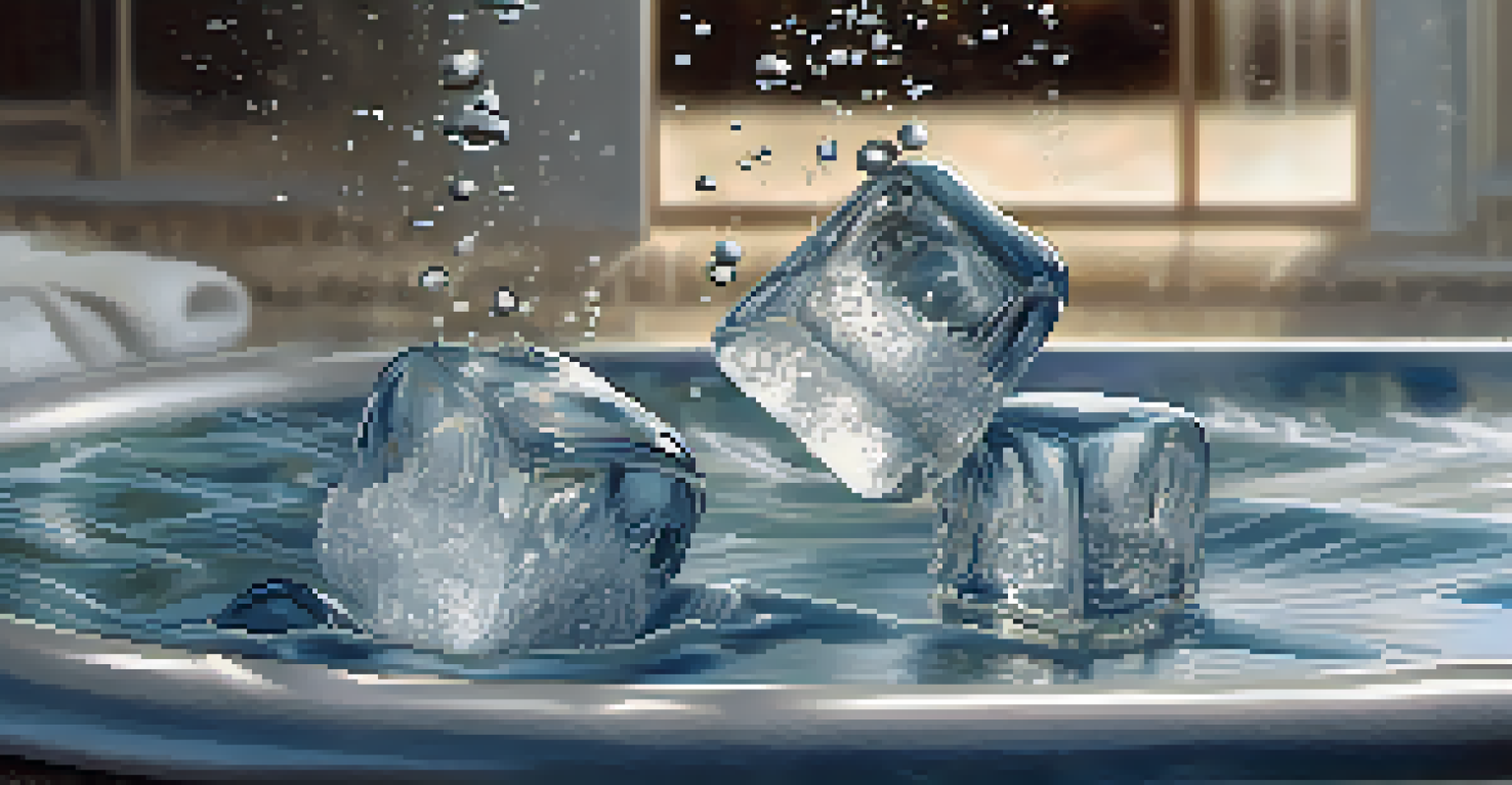 Ice cubes creating ripples in a bathtub filled with cold water, emphasizing the refreshing aspect of cold exposure.