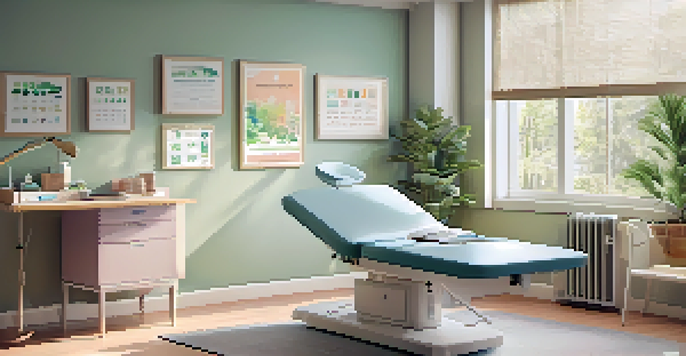 A bright and welcoming medical consultation room with an examination table, soft natural light, and health-related posters.