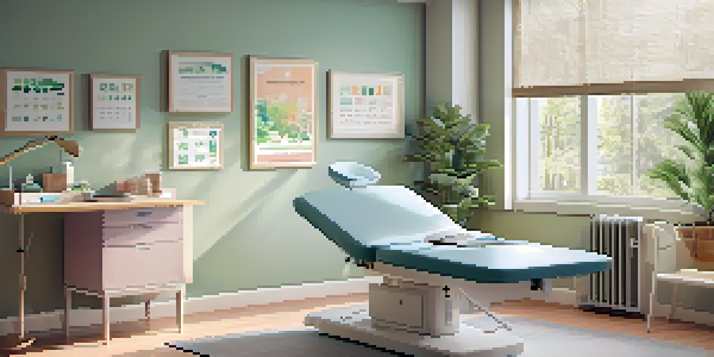 A bright and welcoming medical consultation room with an examination table, soft natural light, and health-related posters.