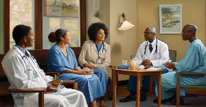 A healthcare provider having a compassionate discussion with a diverse group of patients in a warm and inviting setting.