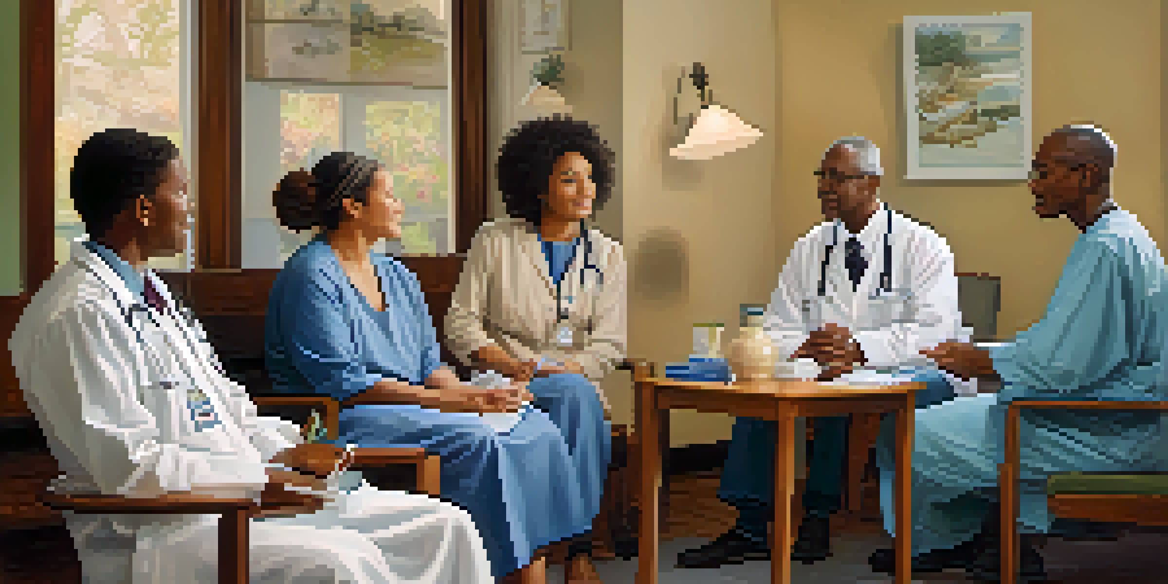 A healthcare provider having a compassionate discussion with a diverse group of patients in a warm and inviting setting.
