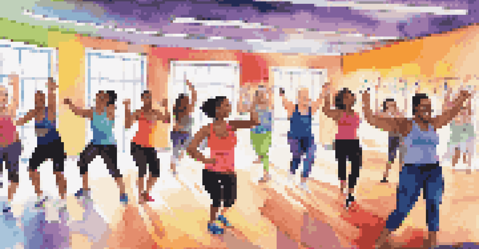 A lively fitness class with diverse participants dancing energetically, led by an enthusiastic instructor in a colorful environment.