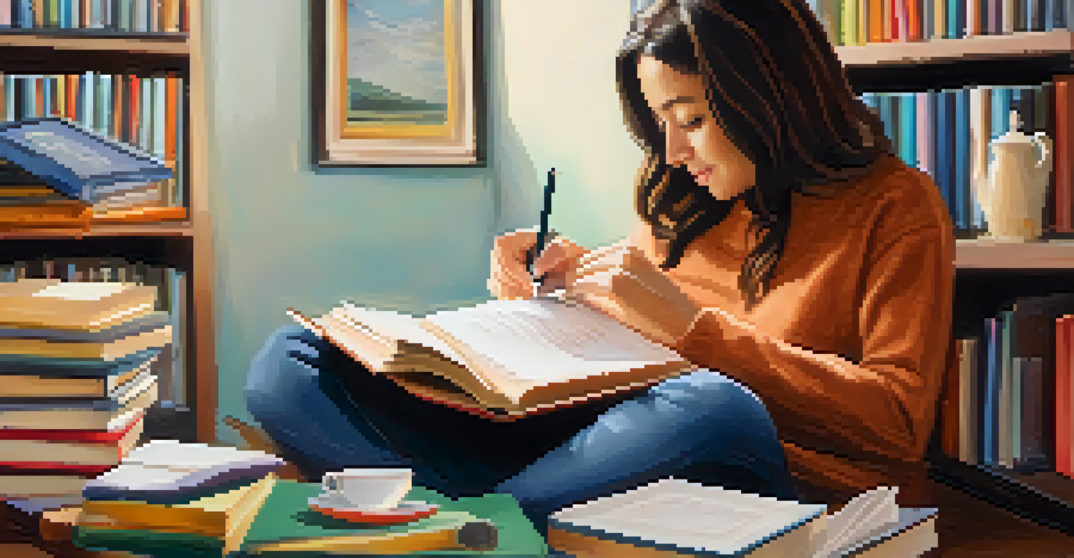A close-up of a client journaling in a cozy therapy space, with self-help books and a cup of tea nearby, creating a peaceful atmosphere.