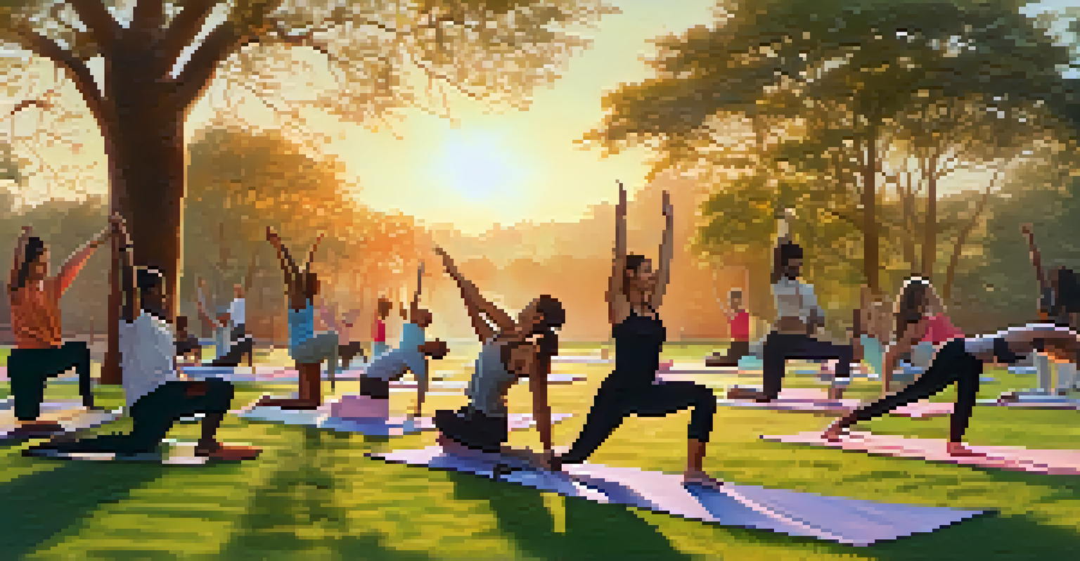 A diverse group of people stretching on yoga mats in a park during sunset.