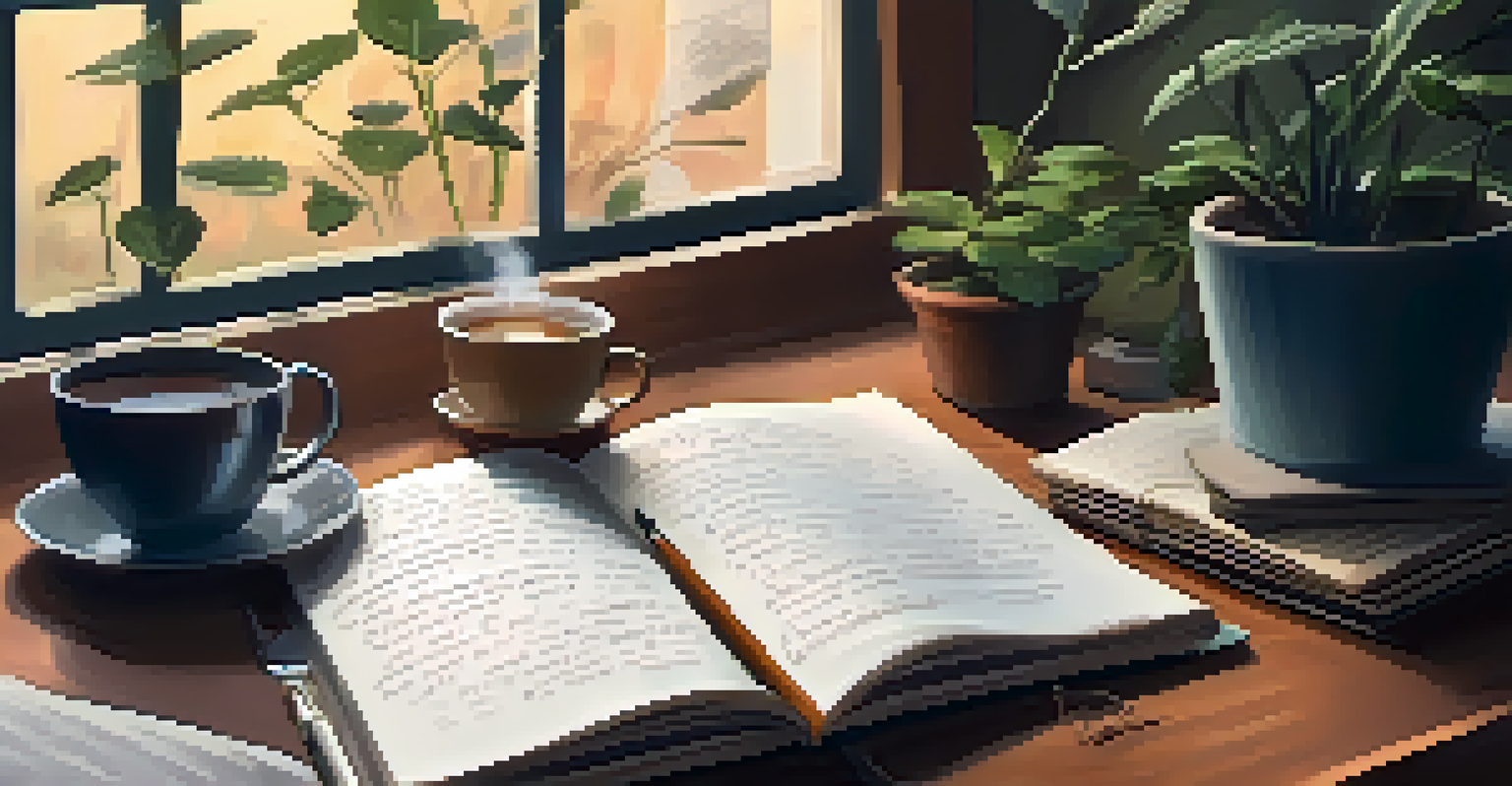 A cozy nook with a person journaling, surrounded by plants and a cup of tea, conveying a sense of warmth and reflection.