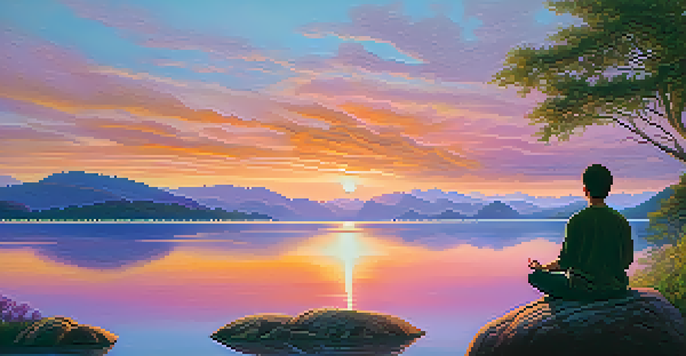 A person meditating on a rocky outcrop by a tranquil lake at sunset, with a colorful sky reflecting on the water.
