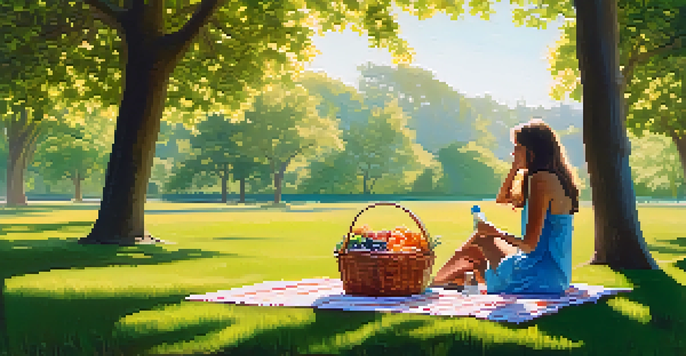 A person sitting on a picnic blanket in a park, drinking water from a reusable bottle, surrounded by flowers and fruits.