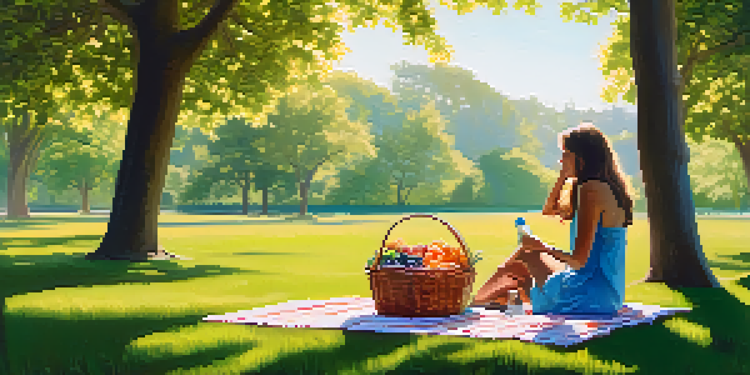 A person sitting on a picnic blanket in a park, drinking water from a reusable bottle, surrounded by flowers and fruits.