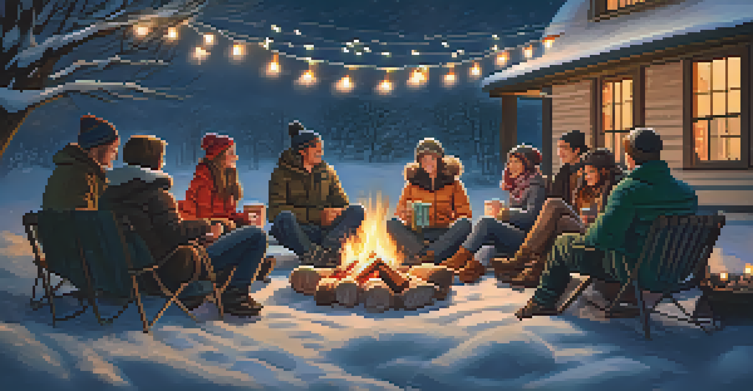 Friends and family gathered around a bonfire in winter, enjoying drinks and surrounded by snow and fairy lights.